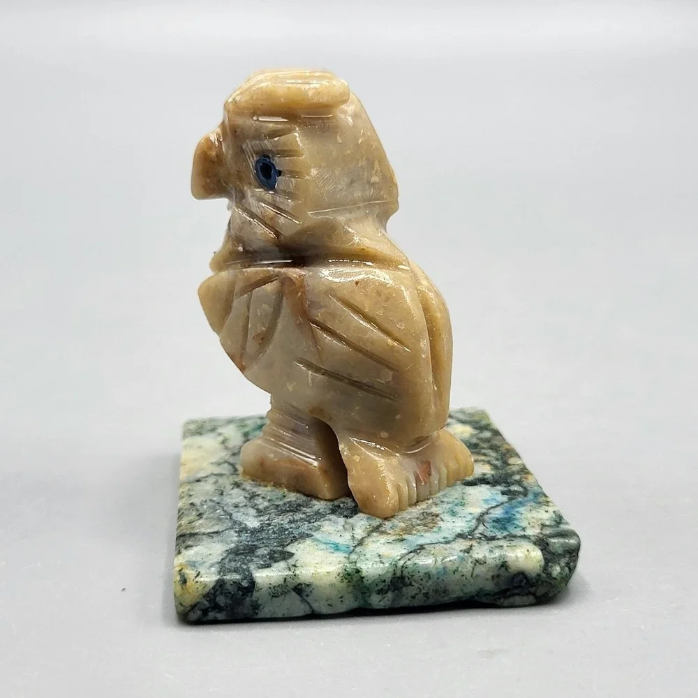 Hand Carved Stone Owl Figurine Blue Eyes Marbled Base Tan Green Shelf Decor